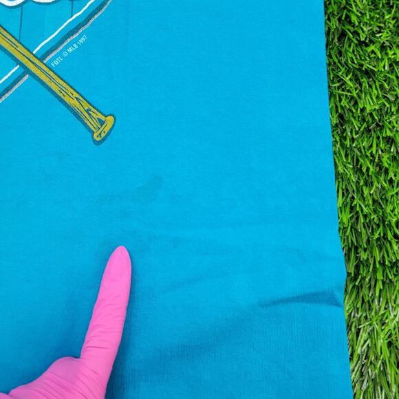 Vintage 1997 Florida Marlins Baseball Shirt Large 20x27 World-Series Blue - Picture 4 of 13